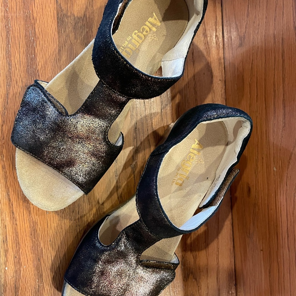 Alegria Shimmering Black and Gold Sandals